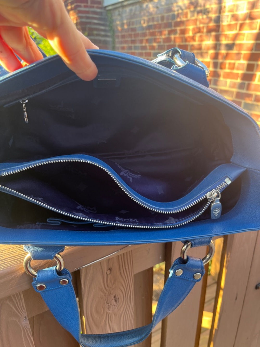 MCM  Blue Leather Satchel with Silver Hardware and end pockets - Picture 12 of 15